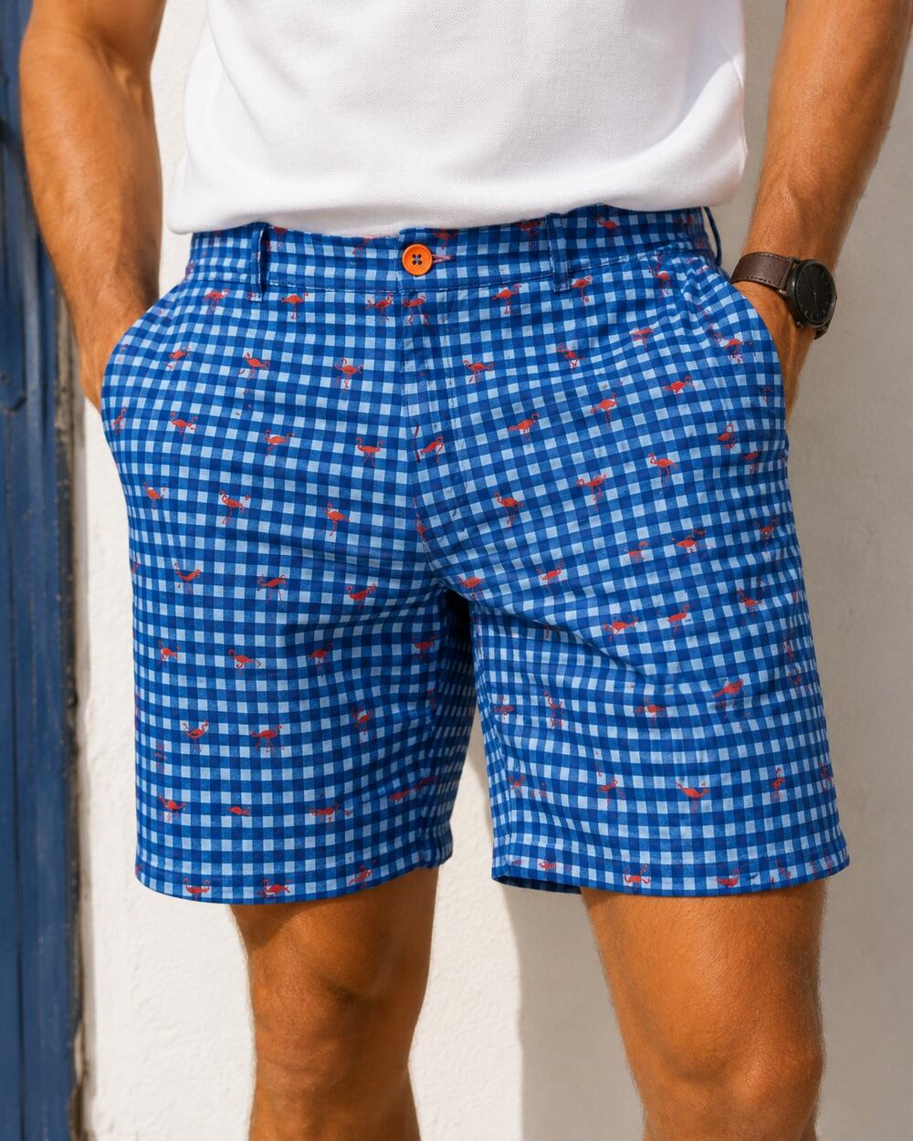 Flamingo Gingham Mens Chino Shorts 37 Waist Golf Preppy Nautical Resortwear